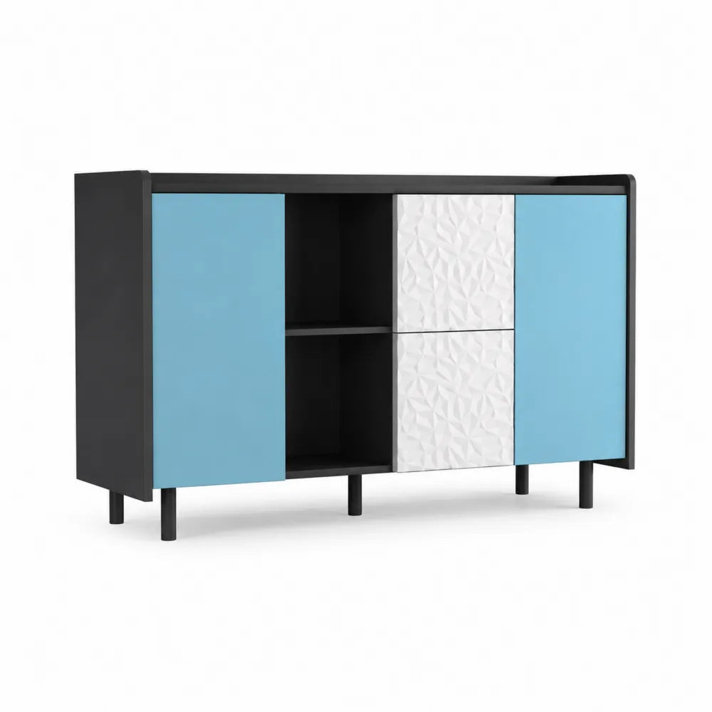 Sideboard aus Holz mit Türen und Regalfächern Schwarz/Weiß/Blau 120x35x80cm