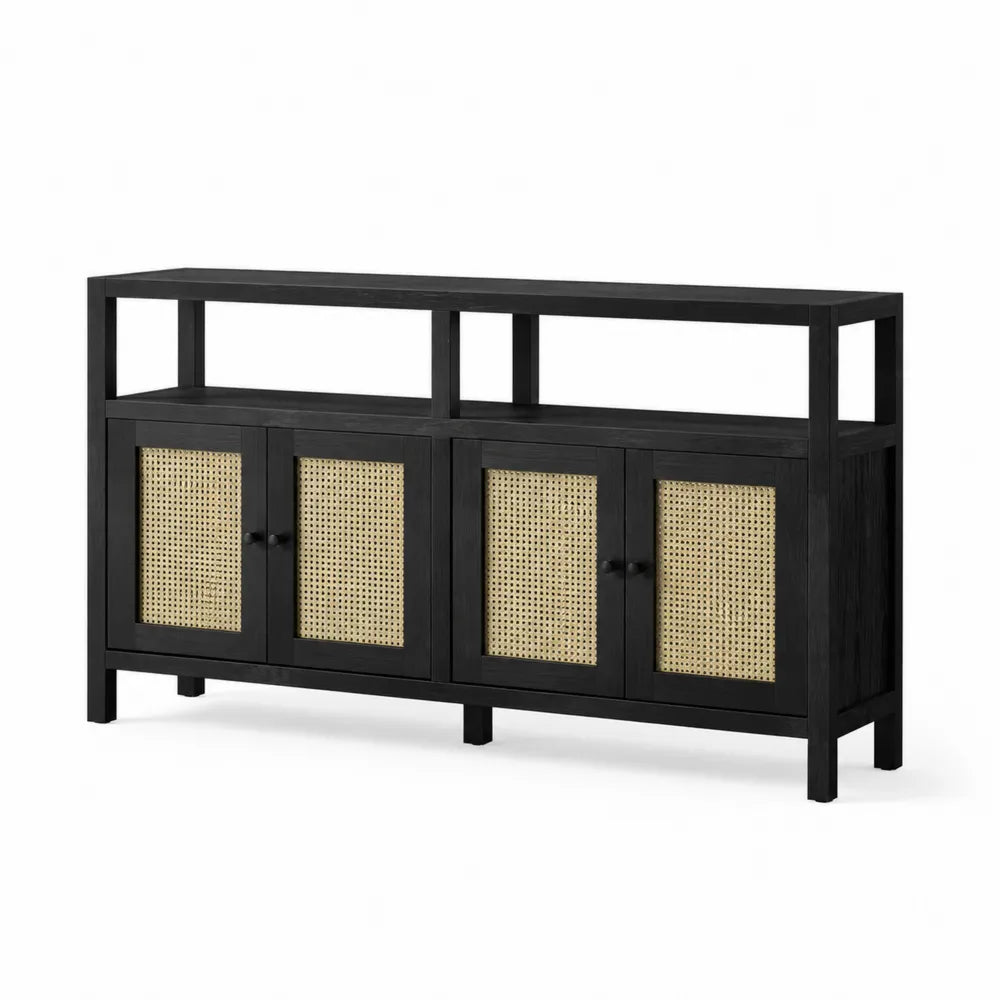 Sideboard aus Massivholz und Rattan Schwarz 150 cm