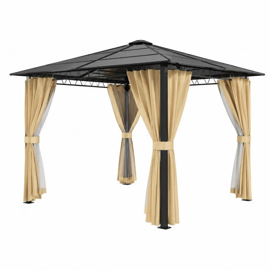 Pavillon aus Aluminium mit Polycarbonatdach und Polyester-Vorhängen, 3x4 m, Beige