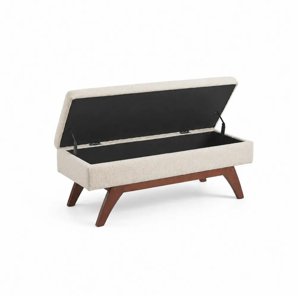 Beige Polsterbank mit Stauraum und Holzfüßen