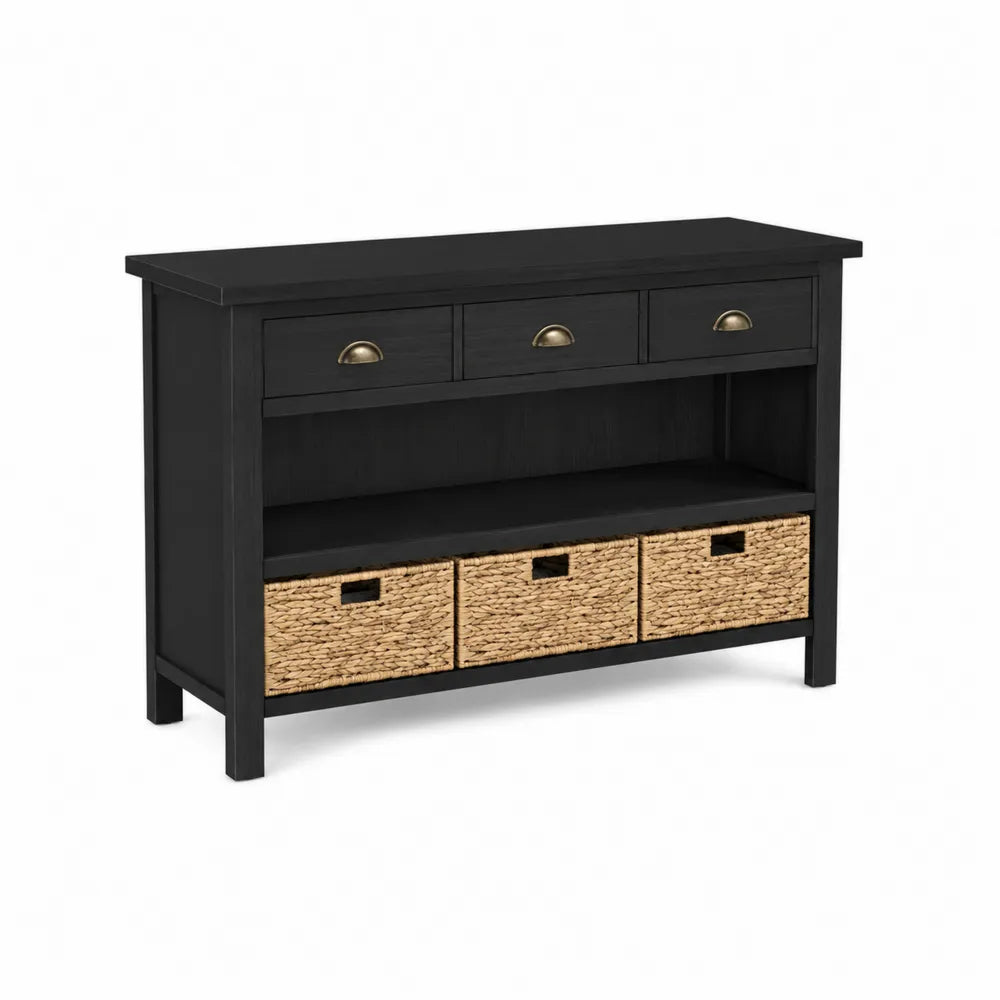 Konsolentisch Schwarz MDF mit Rattan-Körben